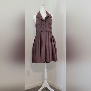 Brown Pleated Halter Sundress for Wedding Guest